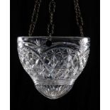 A CUT GLASS HANGING LAMPSHADE, EARLY 20TH C suspended from three plated metal chains, 22cm h++Good