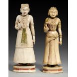 TWO SOUTH INDIAN POLYCHROME IVORY FIGURES OF A MAN AND WOMAN, 19TH C on octagonal base, 17 & 18cm