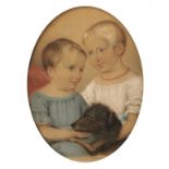 NAIVE ARTIST, MID 19TH CENTURY DOUBLE PORTRAIT OF TWO CHILDREN WITH THEIR DOG indistinctly signed