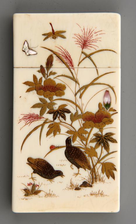 A JAPANESE SHIBAYAMA CARD CASE AND COVER, MEIJI PERIOD typically decorated with quail and insects,