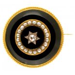 A VICTORIAN DIAMOND, ONYX, SPLIT PEARL AND GOLD BROOCH, C1870 locket back, 3.4cm diam, 19.7g++In