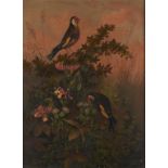 ENGLISH SCHOOL, 19TH CENTURY TWO GOLDFINCHES THISTLES AND HONEYSUCKLE AT THE EDGE OF A FIELD oil