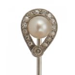 A FRENCH WHITE GOLD TIE PIN WITH PEARL AND DIAMOND TERMINAL, EARLY 20TH C 0.8 x 1.1cm, indistinct