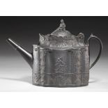 A BLACK BASALT LIDDED TEAPOT, EARLY 19TH C with widow knop and sprigged with classical reliefs,