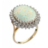 AN OPAL AND DIAMOND CLUSTER RING 1.9 x 2.2cm, in gold, marked 18ct, 9.5g, size R½++Good condition