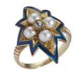 A VICTORIAN DIAMOND, SPLIT PEARL AND GOLD AND BLUE ENAMEL RING, LATE 19TH C adapted, on reeded