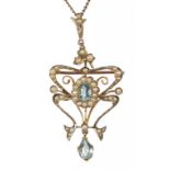 AN ART NOUVEAU AQUAMARINE AND SPLIT PEARL BROOCH-PENDANT, C1910 in gold, 5.2cm, on gold necklet,