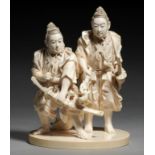 A FINE JAPANESE IVORY GROUP OF SAMURAI, MEIJI PERIOD 14cm h, signed Shungetsu and a stoneware