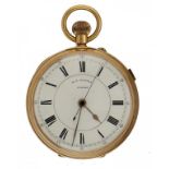 AN ENGLISH 18CT GOLD KEYLESS LEVER WATCH M J RUSSELL, LONDON No 18801, centre seconds with stop