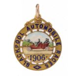 VETERAN MOTORING. A RARE 9CT GOLD AND ENAMEL BLACKPOOL AUTOMOBILE RACES 1906 WATCH FOB MEDAL obv