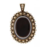 A VICTORIAN BANDED AGATE, SPLIT PEARL AND GOLD AND BLACK ENAMEL PENDANT, C1870 5.6cm including loop,