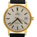 AN OMEGA GOLD PLATED AUTOMATIC GENTLEMAN'S WRISTWATCH, DIAL 33MM DIAMETER, LEATHER BRACELET++IN GOOD
