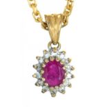 A RUBY AND DIAMOND PENDANT IN 9CT GOLD, ON 9CT GOLD CHAIN, 4.5G++LIGHT WEAR CONSISTENT WITH AGE