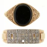 A ONYX SIGNET RING IN CHASED 9CT GOLD, SIZE R, AND A DIAMOND 'DAD' RING IN 9CT GOLD, SIZE V, 7.5G++