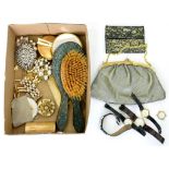 MISCELLLANEOUS COSTUME JEWELLERY AND OTHER ARTICLES, TO INCLUDE BRUSH SET, VARIOUS WRISTWATCHES