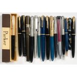 SIXTEEN VINTAGE, PRINCIPALLY PARKER, FOUNTAIN AND OTHER PENS, INCLUDING A VULCANITE EXAMPLE, ONE