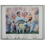 SPORTING MEMORABILIA, CRICKET, LITHOGRAPH, SIGNED BY FOUR INDIAN BOWLERS, INCLUDING BISHEN SINGH