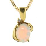 AN OPAL CABOCHON PENDANT, APPROX 1 CT, IN GOLD MOUNT MARKED 750, ON 9CT GOLD CHAIN, 3G++OPAL