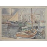 OLGA ELENA, BOATS IN THE HARBOUR, SIGNED AND DATED 1933, WATERCOLOUR, 24 X 34CM