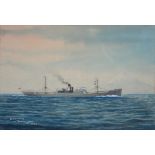 20TH C SCHOOL, PORTRAIT OF THE BRITISH MERCHANT SHIP S.S. "FREDA", OFF YOKOHAMA, SIGNED H.