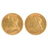 GOLD COINS. SOVEREIGN, 1893 AND 1896, 16G, (2)++GENERAL WEAR CONSISTENT WITH AGE
