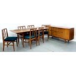 A 1970'S TEAK DINING SUITE, COMPRISING BOW FRONTED SIDEBOARD, 80CM H; 168 X 50CM, DINING TABLE, 75CM