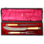 A VICTORIAN PLATED CARVING SET, THE EUREKA CARVER, BONE HANDLED, CASED