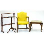 A VICTORIAN MAHOGANY ELBOW CHAIR, A WALNUT TRIPOD TABLE, TOWEL RAIL, ETC