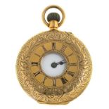 A GOLD HALF HUNTING CASED LADY'S LEVER WATCH, IN ENGRAVED CASE MARKED 18K, ENGRAVED INSIDE