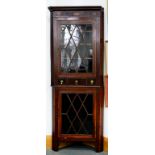 A VICTORIAN INLAID MAHOGANY CORNER CABINET, EARLY 20TH C, 200CM H