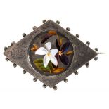 A 19TH C ENGRAVED SILVER BROOCH, ENAMELLED VIOLETS, GRANULATED, 6G++SCRATCHES AND WEAR CONSISTENT