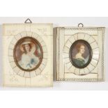 A PAIR OF FRENCH DECORATIVE OVAL PORTRAIT MINIATURES OF LADIES IN IVORY VENEERED FRAMES, 12 X 9.