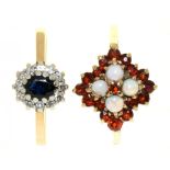 TWO RINGS, ONE WITH OPAL AND GARNETS IN 9CT GOLD, LONDON 1979, SIZE R, THE OTHER WITH DIAMOND AND