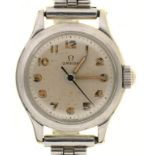 AN OMEGA STAINLESS STEEL LADY'S WRISTWATCH++FOXING TO FACE, GENERAL SCRATCHES AND WEAR CONSISTENT