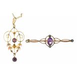 AN ART NOUVEAU AMETHYST BROOCH WITH SEED PEARLS IN GOLD MARKED 9CT, AND A SIMILAR PENDANT, IN GOLD