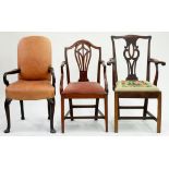 A GEORGE III STYLE MAHOGANY ELBOW CHAIR WITH SHEPHERD'S CROOK ARMS AND TWO OTHER CHAIRS
