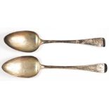 TWO GEORGE III SILVER TABLESPOONS, LONDON 1805 AND 1802, 3OZS 17DWTS (2) ++TARNISHED