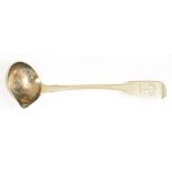 A BRITISH PROVINCIAL SILVER TODDY LADLE, ADAPTED TO A SAUCE LADLE, 16 CM L, INDISTINCTLY MARKED. 1OZ