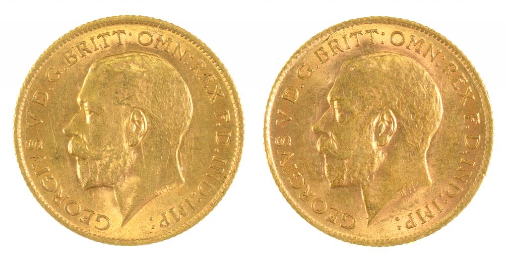 GOLD COINS. HALF SOVEREIGN, 1911 AND 1914, 8G, (2)++LIGHT WEAR CONSISTENT WITH AGE