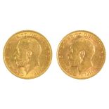 GOLD COINS. HALF SOVEREIGN, 1911 AND 1914, 8G, (2)++LIGHT WEAR CONSISTENT WITH AGE