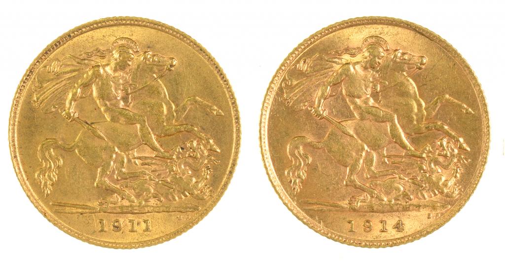 GOLD COINS. HALF SOVEREIGN, 1911 AND 1914, 8G, (2)++LIGHT WEAR CONSISTENT WITH AGE - Bild 2 aus 2