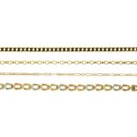 A 9CT GOLD CURB LINK NECKLACE, A GOLD BRACELET MARKED 9KT, A 9CT GOLD NECKLACE AND A GOLD CHAIN,
