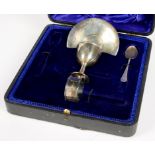 A GEORGE V SILVER CHRISTENING SET, INCOMPLETE, SHEFFIELD 1934, CASED, 4OZS 1DWTS++TARNISHED. CASE