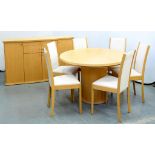 A SKOVBY EIGHT PIECE OAK DINING SUITE, COMPRISING SIX CHAIRS, DINING TABLE, 120CM D AND A BOW