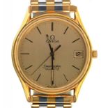 AN OMEGA GOLD PLATED SEAMASTER QUARTZ GENTLEMAN'S WRISTWATCH, DIAL APPROX 31MM, CASED++GOOD