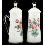 A PAIR OF ENAMELLED WHITE GLASS FLAGONS AND COVERS, 28CM H, C1900