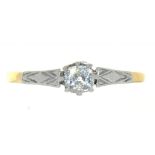AN OLD CUT DIAMOND SOLITAIRE RING, THE CUSHION SHAPED DIAMOND APPROX 0.28 CT, IN GOLD WITH