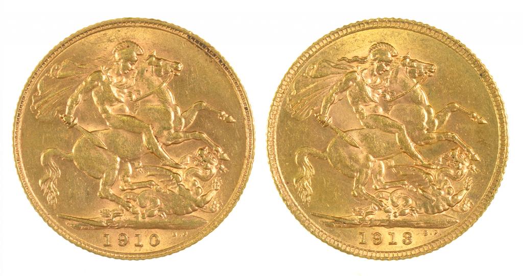 GOLD COINS. SOVEREIGN, 1910 AND 1913, 16G, (2)++GENERAL WEAR CONSISTENT WITH AGE - Bild 2 aus 2