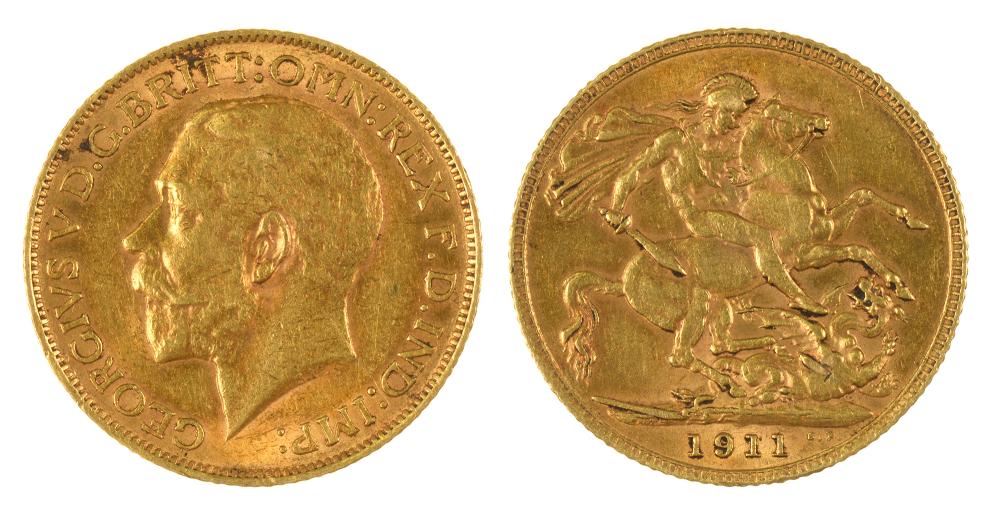 GOLD COIN. SOVEREIGN, 1911, 8G++LIGHT WEAR AND SCRATCHES CONSISTENT WITH AGE