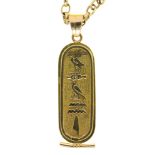 TWO GOLD CHAINS, MARKED 9CT, AND AN EGYPTIAN GOLD HIEROGLYPIC PENDANT, 31.5G++IN GOOD CONDITION,